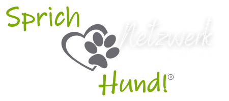 Ein Logo mit dem Schriftzug Sprich Netzwerk Hund!, bei dem ein Herz mit Pfotenabdrücken das Wort Netzwerk verbindet.
